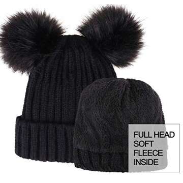 Arctic Paw Winter Hats for Women Black Beanie Cable Knit Beanie Faux Fur Pompom Beanie Hat Black Ball