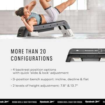 Reebok Deck Multipurpose Adjustable Bench Aerobic Strength Training Incline and Decline, White