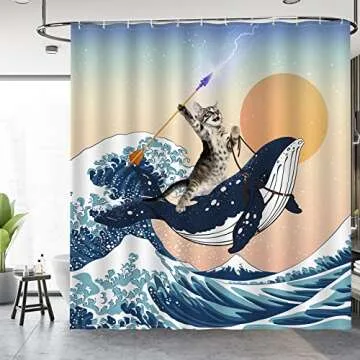 Aimego Funny Shower Curtain Brave Cat Holding Trident Arrow Riding Shark in Ocean Wave, Whale Cat Sh...