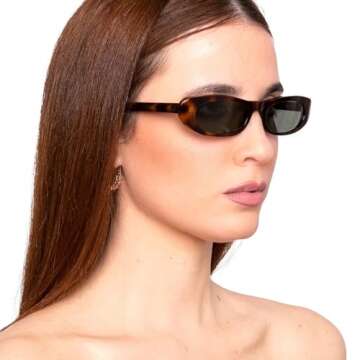 BRMHDY Elongated Narrow Cat Eye Sunglasses for Women 90s Retro Womens Oval Sunglasses Fashion Small Black Shades(Black/Grey+Tortoise/G15)