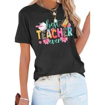 Teacher Shirts Women Best Teacher Ever T-Shirt Teacher Life Tops Teaching Gift Funny Graphic Tee Dar...