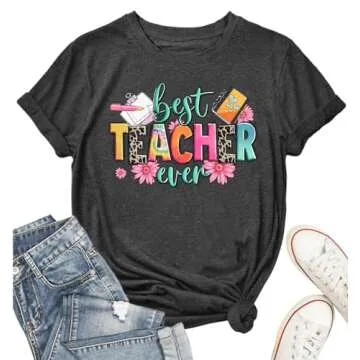 Teacher Shirts Women Best Teacher Ever T-Shirt Teacher Life Tops Teaching Gift Funny Graphic Tee Darkgrey