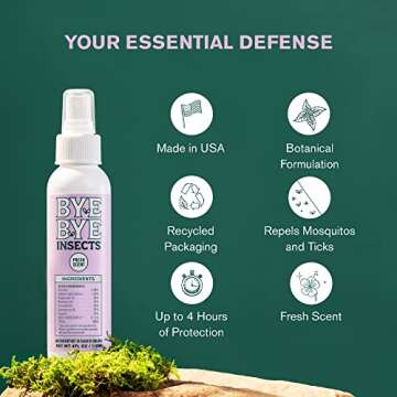 Bye Bye Insects Mosquito Repellent | Travel Size Mosquito, Tick and Fly Repellent | Effective, Essential Oil Bug Spray with Geraniol, Rosemary, Peppermint, and Citronella | 4 oz