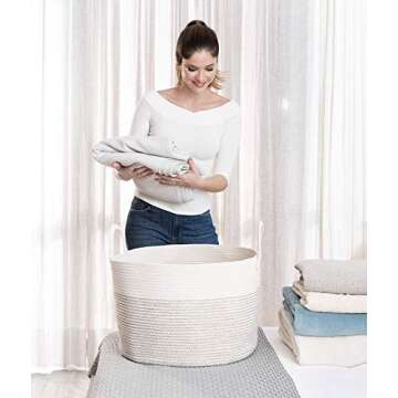 OrganiHaus White Woven Baskets for Storage 20x13, Shoe Basket for Entryway, Big Blanket Basket for Living Room, Soft Cotton Rope Basket, Toy Basket Storage for Kids, Large Basket for Blankets