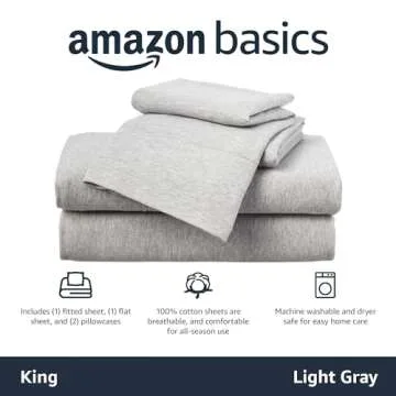 Amazon Basics 4 Piece Bed Sheets Set, 100% Cotton Jersey, Includes Super Soft, Flat and Fitted Sheets, Pillowcase, King, Light Gray, Solid