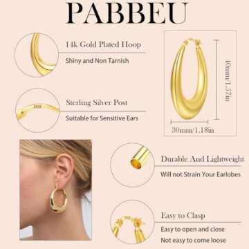 PABBEU Chunky Gold Hoop Earrings for Women, Lightweight 14k Golden Plated Hoops Earrings, Hypoallerg...