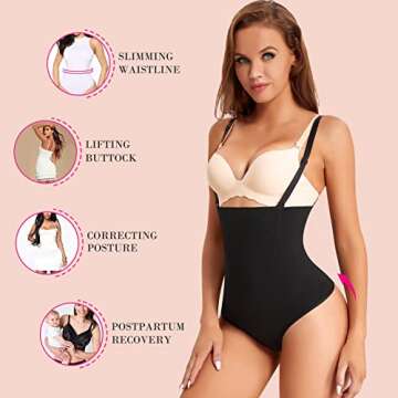 Nebility Women Waist Trainer Shapewear Thong Bodysuit Seamless Tummy Control Panty Faja Open Bust Body Shaper (M/L, Black)