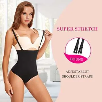 Nebility Women Waist Trainer Shapewear Thong Bodysuit Seamless Tummy Control Panty Faja Open Bust Body Shaper (M/L, Black)