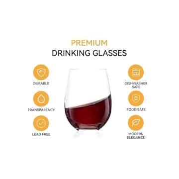 D.M DESIGN·MASTER [6 Pack,18 OZ - Classic Stemless Wine Glasses. Lead-Free Drinking Glasses, Ideal for Wine, Kitchen Glassware, Gifts.