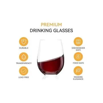 D.M DESIGN·MASTER [6 Pack,18 OZ - Classic Stemless Wine Glasses. Lead-Free Drinking Glasses, Ideal for Wine, Kitchen Glassware, Gifts.