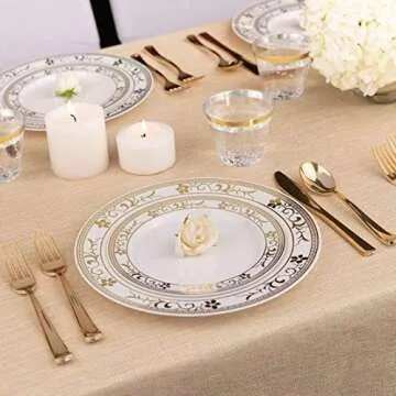 125-Piece White and Gold Floral Fancy Plastic Plates Disposable with Silverware, Elegant Dinnerware ...