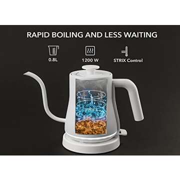 MN Meet Your Needs | Gooseneck Electric Kettle, Glowing Design, 1200W Rapid Boiling, 100% Food-Grade Stainless Steel Pour Over Coffee & Tea Kettle, STRIX Auto Shutoff Protection | Matte White - 0.8L