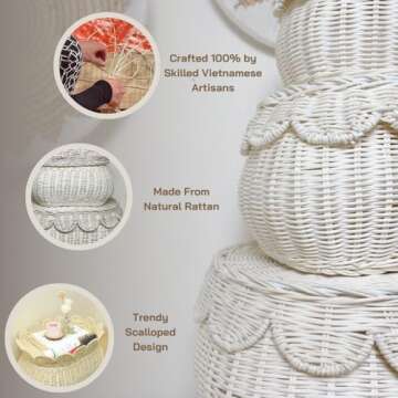 Scalloped Basket with Lid Set of 3,Stackable Baskets for Organizing, Scalloped Wicker Basket, Woven Basket With Lid, Rattan Storage Baskets with Lid, Basket With Lid Decorative Storage