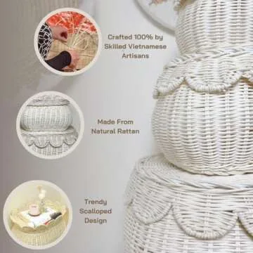 Scalloped Basket with Lid Set of 3,Stackable Baskets for Organizing, Scalloped Wicker Basket, Woven Basket With Lid, Rattan Storage Baskets with Lid, Basket With Lid Decorative Storage