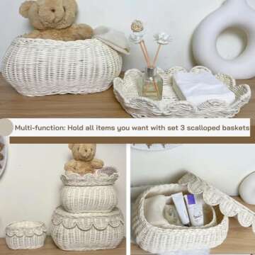 Scalloped Basket with Lid Set of 3,Stackable Baskets for Organizing, Scalloped Wicker Basket, Woven Basket With Lid, Rattan Storage Baskets with Lid, Basket With Lid Decorative Storage