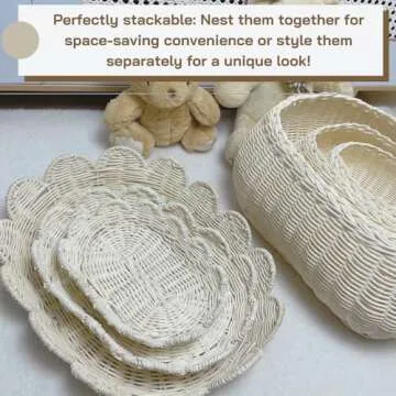 Scalloped Basket with Lid Set of 3,Stackable Baskets for Organizing, Scalloped Wicker Basket, Woven Basket With Lid, Rattan Storage Baskets with Lid, Basket With Lid Decorative Storage