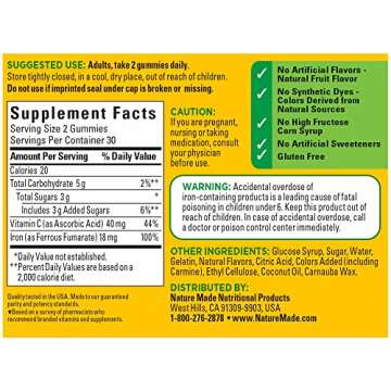 Nature Made Iron 18 mg per serving with Vitamin C, Dietary Supplement for Red Blood Cell Support, 60 Gummies, 30 Day Supply