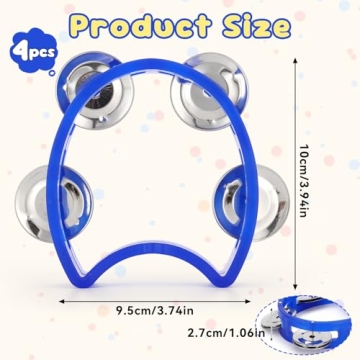 4 Pack Plastic Percussion Tambourines, Mini Hand Bell Percussion with 4 Jingle Bells, Hand-held Perc...