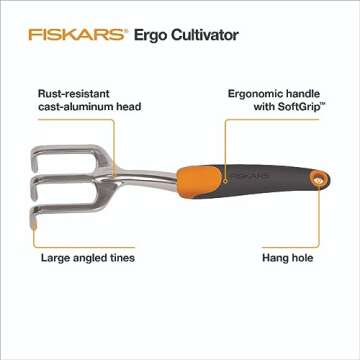 Fiskars Ergo Cultivator for Digging, Aerating Soil, and Weeding, Heavy Duty Garden Tool with Hanging Hole