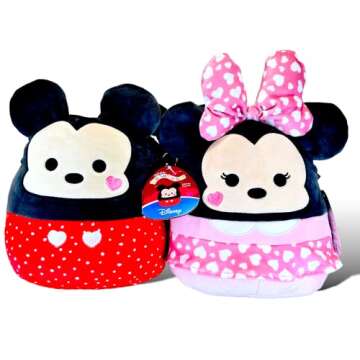 Squishmallows Official Kellytoy Perfect Pair Mickey Mouse and Minnie Mouse Plush with Hearts - Set of 2 - 2023 Valentine’s Squad Stuffed Animal Toy Pillow Doll, Multicolor, Small 8''
