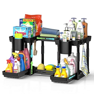 Expandable Under Sink Organizer and Storage 2 Pack, 2 Tier Pull Out Sliding Under Bathroom Cabinet S...