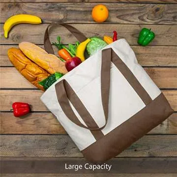 TOPDesign 1-Pack Canvas Tote Bag with an External Pocket, Reusable Grocery Shopping Bag, Top Zipper Closure, Daily Essentials (Brown/Natural)