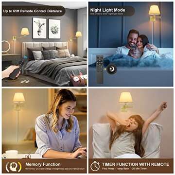 TRLIFE Dimmable Wall Sconce, Remote Control Dimming 10-100% and Adjustable Color Temperature 2700K-6500K Brushed Brass Swing Arm Wall Lights with Plug in Cord, 9.4" Medium White Shade(2 Pack, 2 Bulbs)