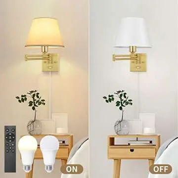 TRLIFE Dimmable Wall Sconce, Remote Control Dimming 10-100% and Adjustable Color Temperature 2700K-6500K Brushed Brass Swing Arm Wall Lights with Plug in Cord, 9.4" Medium White Shade(2 Pack, 2 Bulbs)