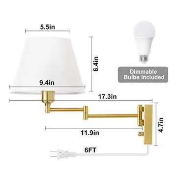 TRLIFE Dimmable Wall Sconce, Remote Control Dimming 10-100% and Adjustable Color Temperature 2700K-6500K Brushed Brass Swing Arm Wall Lights with Plug in Cord, 9.4" Medium White Shade(2 Pack, 2 Bulbs)