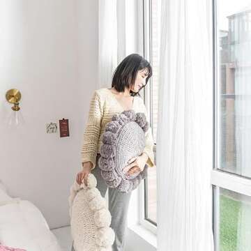 Adory Sweety Knitted Throw Pillow Round Couch Pillow Sofa Cute Cushion Handmade Pompoms Decorative Plush Pillow (Beige, Diameter 18inches)