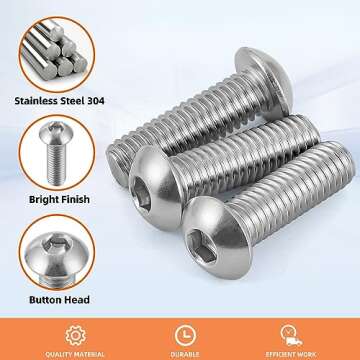 1/4-20 x 3/8" Button Head Socket Cap Bolts Screws, 18-8 Stainless Steel, Bright Finish, Full Thread, Allen Hex Drive, 25 PCS