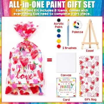Asoulin Valentines Day Gifts for Kids, 24 Set Mini Acrylic Paint Kit with Valentines Day Cards, Wood Easel, Canvases, Painting Kits for Kids Girls Boys, Party Favor Valentine Exchange Gift Class Prize