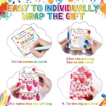 Asoulin Valentines Day Gifts for Kids, 24 Set Mini Acrylic Paint Kit with Valentines Day Cards, Wood Easel, Canvases, Painting Kits for Kids Girls Boys, Party Favor Valentine Exchange Gift Class Prize