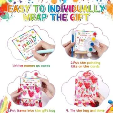 Asoulin Valentines Day Gifts for Kids, 24 Set Mini Acrylic Paint Kit with Valentines Day Cards, Wood Easel, Canvases, Painting Kits for Kids Girls Boys, Party Favor Valentine Exchange Gift Class Prize