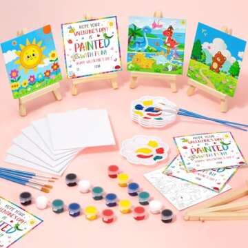 Asoulin Valentines Day Gifts for Kids, 24 Set Mini Acrylic Paint Kit with Valentines Day Cards, Wood Easel, Canvases, Painting Kits for Kids Girls Boys, Party Favor Valentine Exchange Gift Class Prize