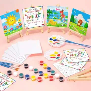 Asoulin Valentines Day Gifts for Kids, 24 Set Mini Acrylic Paint Kit with Valentines Day Cards, Wood Easel, Canvases, Painting Kits for Kids Girls Boys, Party Favor Valentine Exchange Gift Class Prize