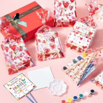 Asoulin Valentines Day Gifts for Kids, 24 Set Mini Acrylic Paint Kit with Valentines Day Cards, Wood Easel, Canvases, Painting Kits for Kids Girls Boys, Party Favor Valentine Exchange Gift Class Prize
