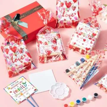 Asoulin Valentines Day Gifts for Kids, 24 Set Mini Acrylic Paint Kit with Valentines Day Cards, Wood Easel, Canvases, Painting Kits for Kids Girls Boys, Party Favor Valentine Exchange Gift Class Prize