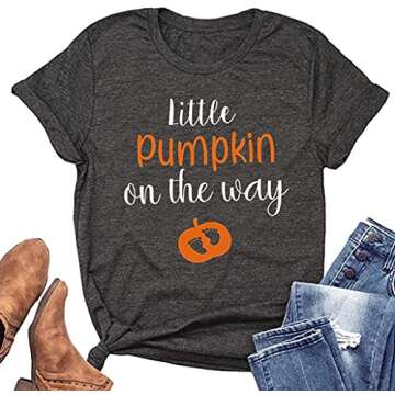 Little Pumpkin on The Way T-Shirt for Moms to Be - Adorable Halloween Maternity Apparel (Grey, M)