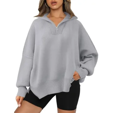 LILLUSORY Women's Oversized Sweaters 2024 Fall Fashion Zipper Up Collared Sweatshirts Knit Pullover ...
