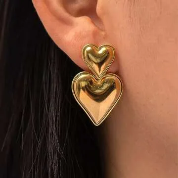 Heart Drop Earrings for Women， 24K Gold Chunky Double Heart Shaped Statement Dangle Earrings Hypoallergenic Heart Earrings for Women Jewelry Gifts Trendy（Gold Silver）