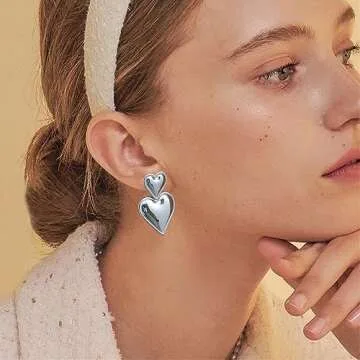 Heart Drop Earrings for Women， 24K Gold Chunky Double Heart Shaped Statement Dangle Earrings Hypoallergenic Heart Earrings for Women Jewelry Gifts Trendy（Gold Silver）