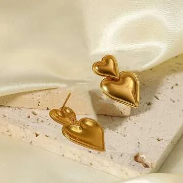 Heart Drop Earrings for Women， 24K Gold Chunky Double Heart Shaped Statement Dangle Earrings Hypoallergenic Heart Earrings for Women Jewelry Gifts Trendy（Gold Silver）