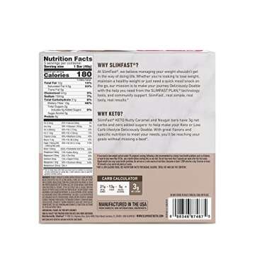 SlimFast Keto Fat Bomb Meal Replacement Whey Protein Bar, Nutty Caramel and Nougat, Low Carb with 9g...