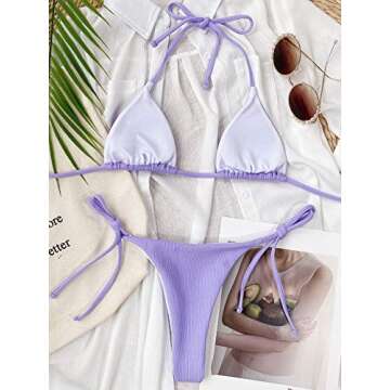 MakeMeChic Women's Triangle Halter Top & Tie Side Thong 2 Piece Bikini Sexy Swimsuit Purple S