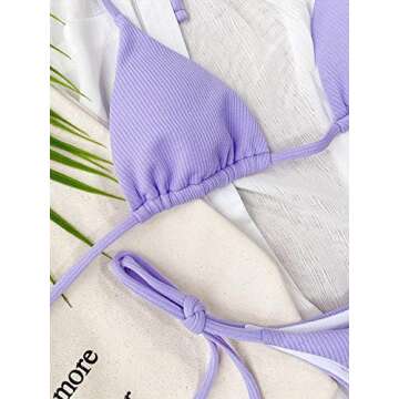 MakeMeChic Women's Triangle Halter Top & Tie Side Thong 2 Piece Bikini Sexy Swimsuit Purple S