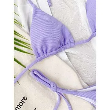 MakeMeChic Women's Triangle Halter Top & Tie Side Thong 2 Piece Bikini Sexy Swimsuit Purple S