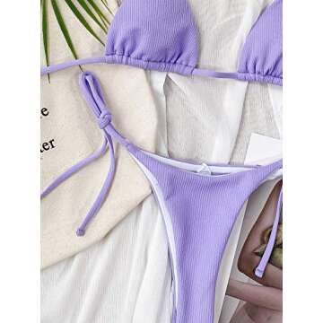 MakeMeChic Women's Triangle Halter Top & Tie Side Thong 2 Piece Bikini Sexy Swimsuit Purple S