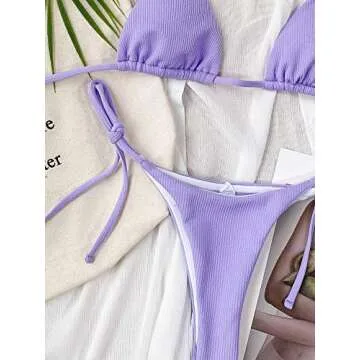 MakeMeChic Women's Triangle Halter Top & Tie Side Thong 2 Piece Bikini Sexy Swimsuit Purple S