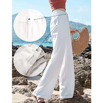 Hooever Womens Cotton Linen Pants Casual Button Up High Waisted Wide Leg Trousers(hite-M) White